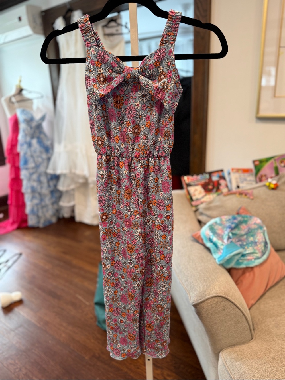 Girls Floral Jumpsuit with Bow - Pink Multi Size 7